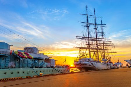 Polish training tall ship Dar Pomorza moored at sunrise in the port of Gdynia, on April 23, 2015 in Gdynia, Poland.のeditorial素材