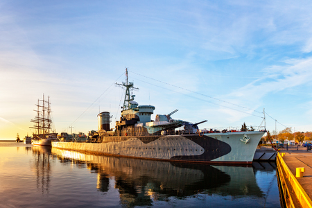 Warship at sunrise in the port of Gdynia, Poland.のeditorial素材