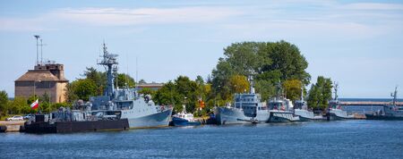 Navy warships moored at the wharf in the port of Gdynia Poland.