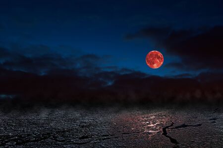 Red full moon in red color also called Bloodmoon on the background frozen sea.の写真素材