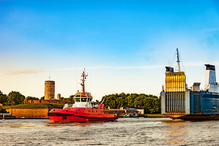 Ro-ro ship entering to port of Gdansk, Poland.の写真素材