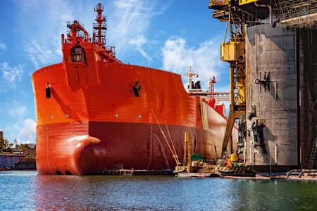 A ship under repair at shipyard in Gdansk, Poland.の写真素材