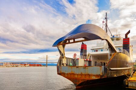 Ship with the bow doors open waiting to be loaded in port of Stavanger, Norway.の写真素材