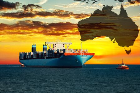 Ship on sea and Australia map background - shipping travel concept.