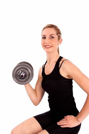 Lady with adjustable weight on white background isolatedの写真素材