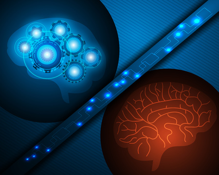 AI Robot and Human brain over blue background with network online banner,Artificial intelligence and Machine learning conceptのイラスト素材