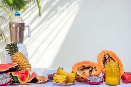 tropical fruits Ingredients pomegranate,pineapple, papaya,dragon fruit,orange and watermelon with...