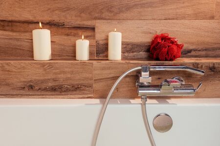 bath with candles sauna steam room and vowel sponge scourge.の写真素材