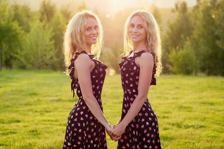 two sisters twins beautiful curly blonde happy young toothy smile women in stylish dress posing in the summer park sunset rays field backgroundの写真素材