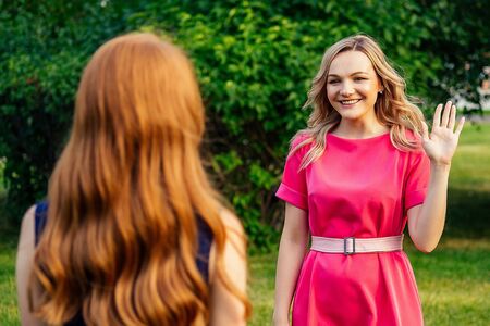 two active cheerful girlfriends beautiful young ginger redhead irish girl in a yellow dress and european blonde woman in pink dress greetings each other in the summer park. meeting of two girlfriendsの写真素材