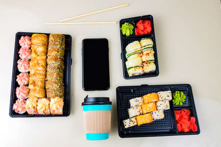 popular asian rolls lunch order to home onlineの写真素材
