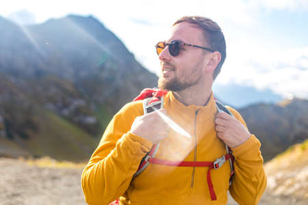 Man on top of mountain.の写真素材