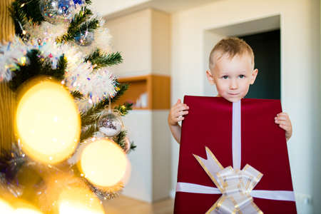 cute blond little boy holding his christmas present at christmas time self-isolation in quarantine due to coronavirusの写真素材