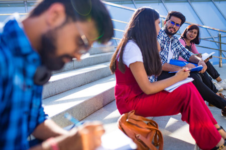 indian students keeping distance and do home work outdoors