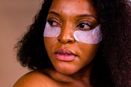 beautiful hispanic woman with collagen patches undereye patch wrinkles in brown background unretouched photoの写真素材
