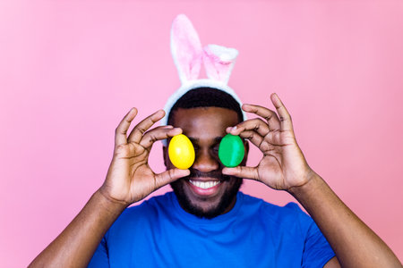 happy young brazil man with bunny ears in studio pink wall background