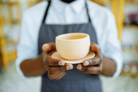 mixed race afro male potter with black apron sitting at workshop table potterの写真素材