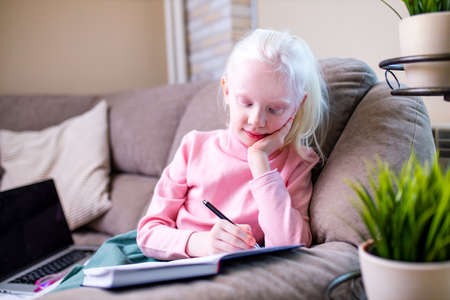 beautiful little girl getting online distance lesson in living roomの写真素材