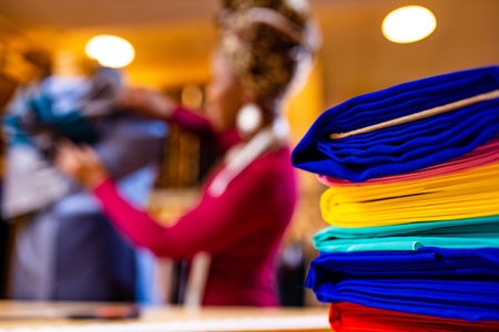 dark skinned business woman salewoman working at textile shopの写真素材