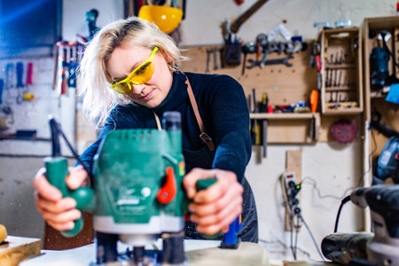 blonde female carpenter using tools for her work in a woodshopの写真素材