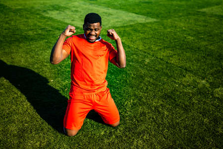 brazilian man goalkeeper catches the ball in the stadium during a football trainingの写真素材
