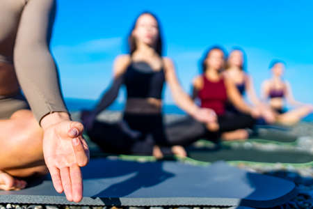 group of young females practicing yoga on the seasideの写真素材
