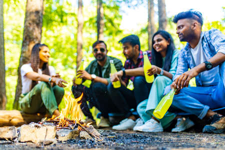 arabian friends having fun time together at the forestの写真素材