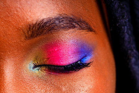 Female with rainbow make-up and long eyelashes in blue studio baclgroundの写真素材
