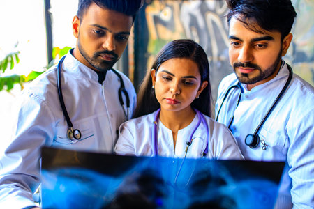 indian doctors are checking examining chest x-ray film