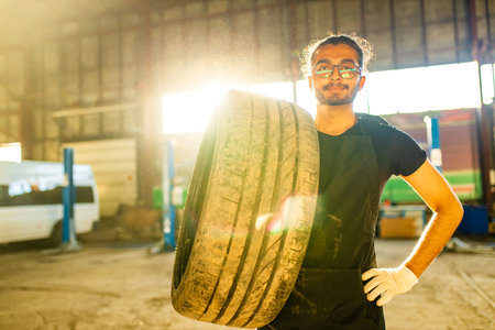 indian man auto mechanic working indoors in car shopの写真素材