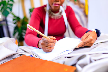 tanzanian woman with snake print turban over hear working in fashion house
