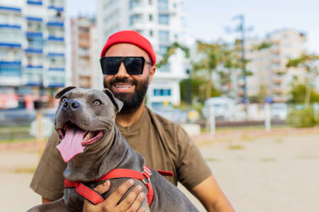 portrait of happy man in red hat and sunglasses with american terrier in dogs walking area park in sityの写真素材