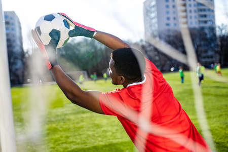 brazilian football player on stadium kicking ball for winning goal outdoorsの写真素材