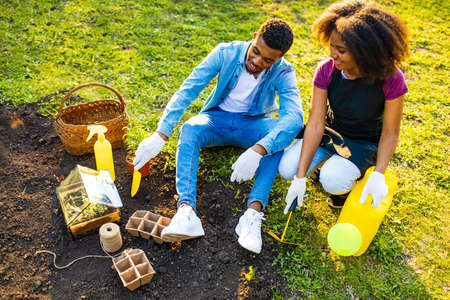 afro american couple gardening outdoors at sunset sunny spring dayの写真素材
