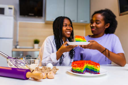 Happy loving same sex couple is preparing the rainbow pastry in the kitchenの写真素材