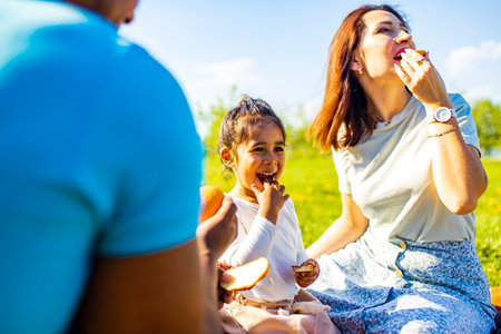 Happy international family enjoying picnic in natureの写真素材