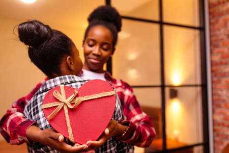 happy woman is making Valentines Day gift to her beloved girlfriend at home at romantic nightの写真素材
