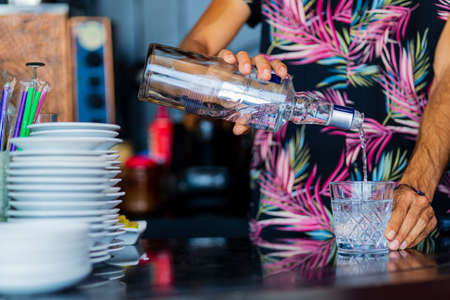 tequila preparing close up in summer bar at beachの写真素材