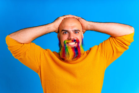 handsome man with raindow in beard and yellow sweater in blue studio baclgroundの写真素材