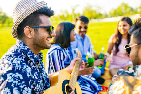 oriental ethnic cheerful friends at pic-nic in sammer parkの写真素材
