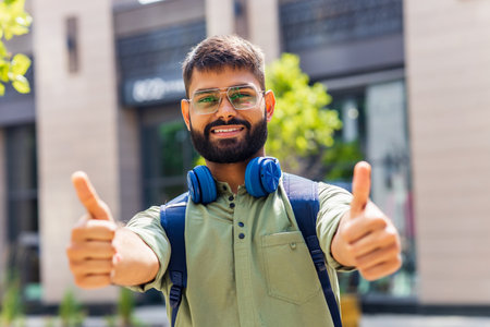 student looking happy and showing friendly gesture outdoorsの写真素材