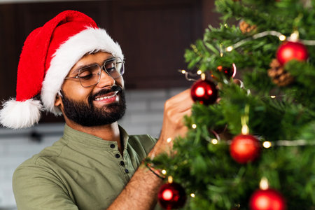 indian man in santa hat decorating Christmas tree with baublesの写真素材