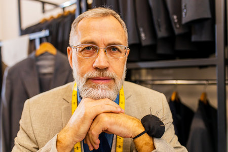 well-dressed bearded mature handsome man working in his atelier studioの写真素材