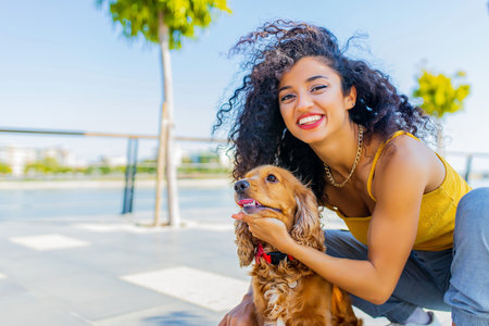 beautiful young woman with long dark curly hair with american cocker dog outdoors