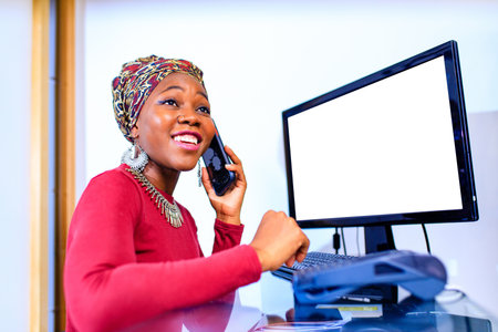 african american woman call center operator talking with customer in office