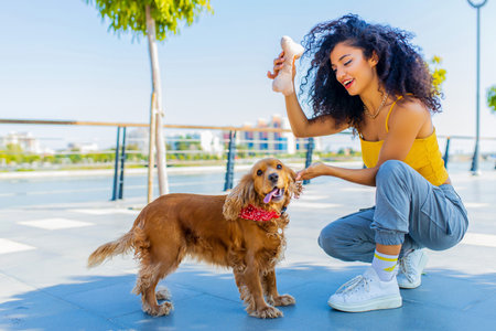 Cheerful dark long curly haired woman with american cocker dog playing in summer parkの写真素材