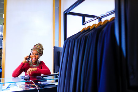 afro woman with turban over head talking by phone in suit shopの写真素材