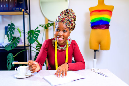 tanzanian woman with snake print turban over hear working in fashion houseの写真素材