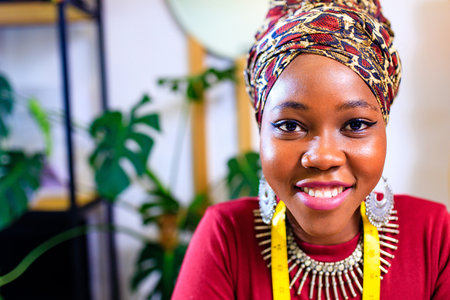 tanzanian woman with snake print turban over hear working in dressmaking shopの写真素材