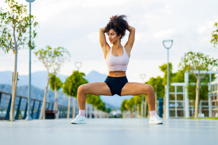 spanish brazil relaxing her leg and hand muscles in outdoor sport areaの写真素材